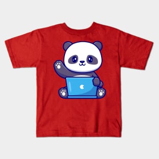 Cute Panda Working On Laptop Cartoon Kids T-Shirt